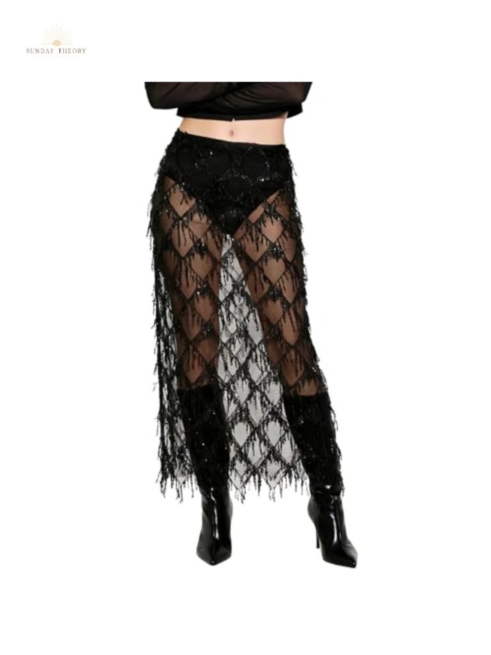 Sequin Fringe Midi Skirt Sheer Mesh Tassel Night Out
